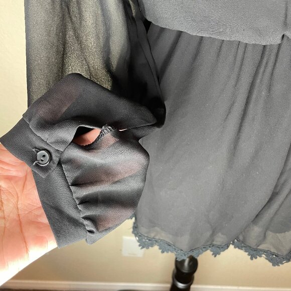 Astr Black Sheer Long Sleeve Floral Crochet Pleated Shorts Romper Boho Sz Med - Picture 6 of 13